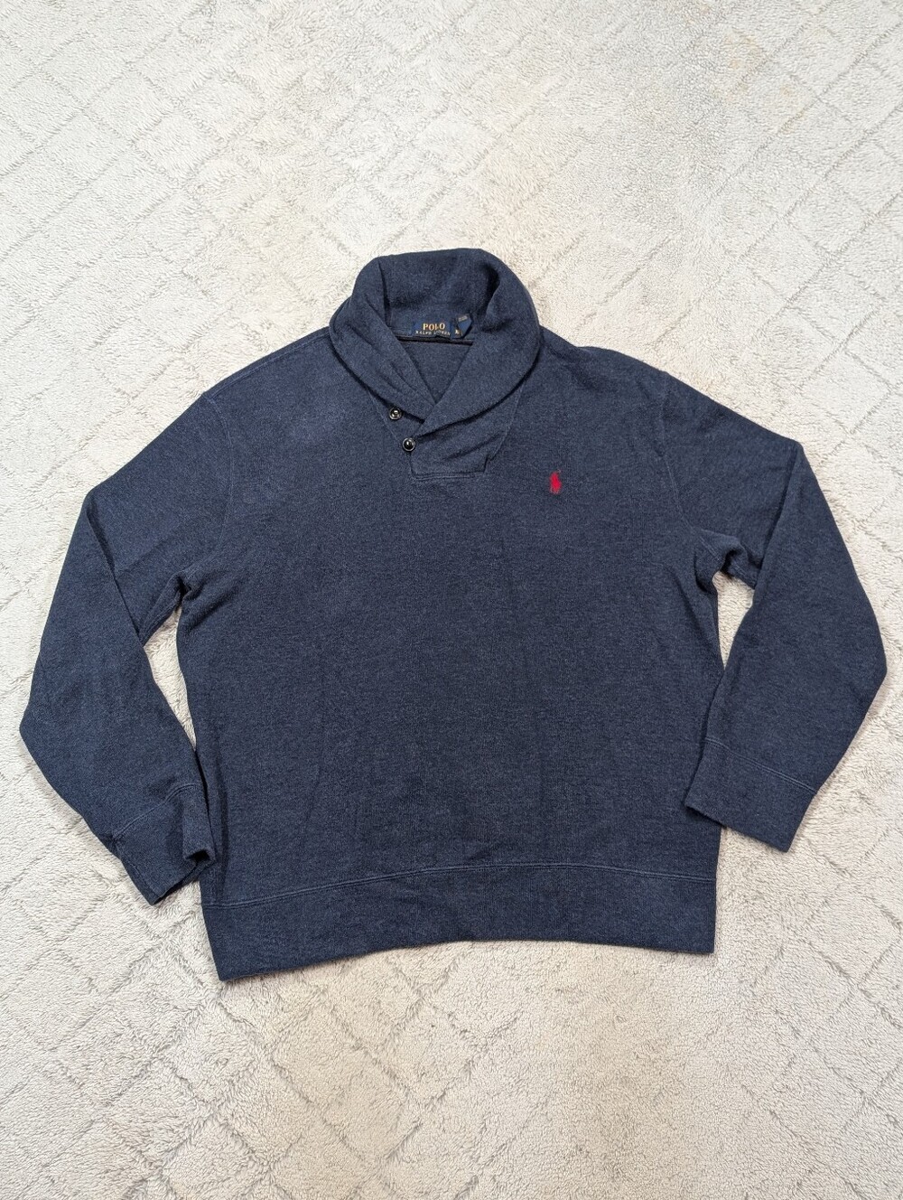 Polo Ralph Lauren Sweater Mens XL Blue Navy Shawl Collar Cotton Pullover Preppy